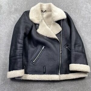 Mango Black Leather Aviator Jacket with Cream Shearling Trim